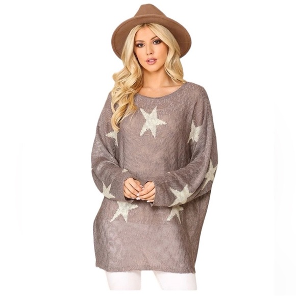 Gigio Sweaters - New Lavender Loose Knit Oversized Tunic Sweater Cream Star Print Size Medium